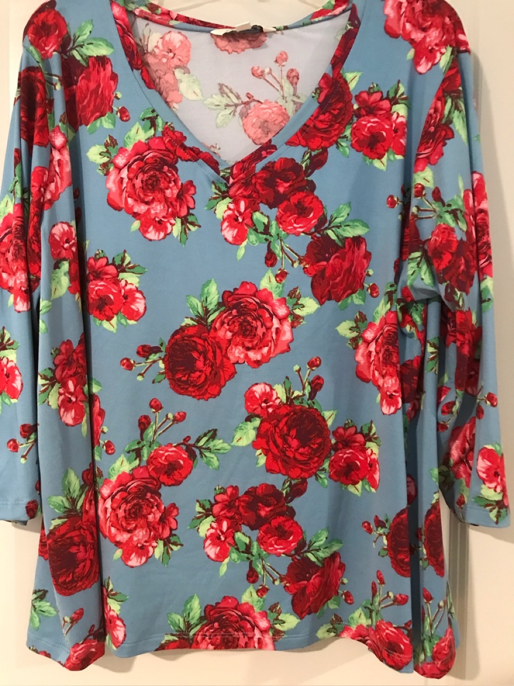 NWT-Floral V-Neck Long Sleeve Top - Blue with Red Roses